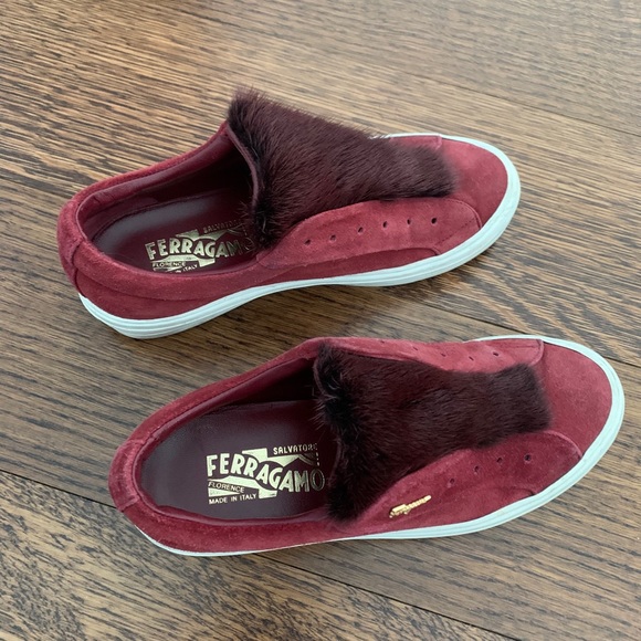 Amazing Ferragamo Burgundy Suede and Fur Sneakers - Picture 2 of 10